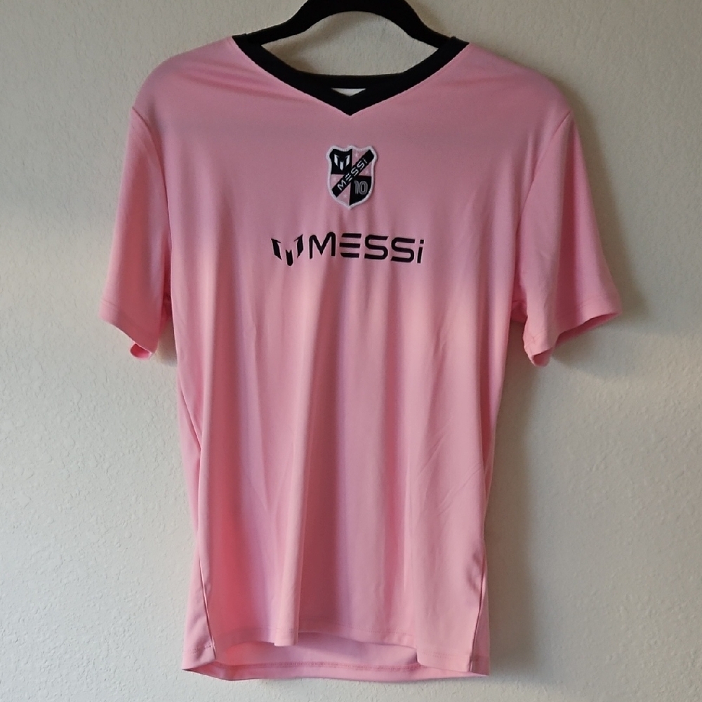 Pink Youth Soccer Jersey with Black Trim - Messi Logo